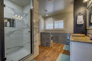 Combined shower/tub, hair dryer