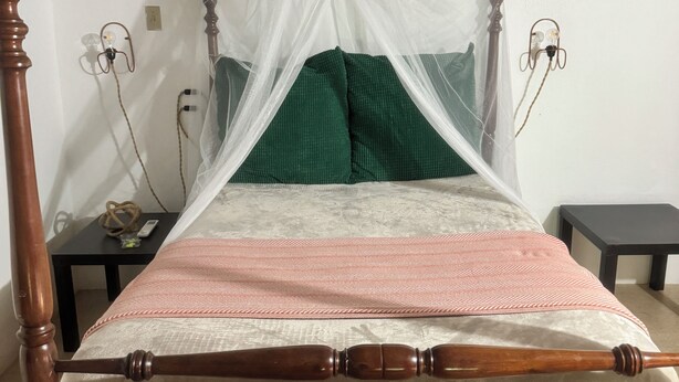 A wooden bed with a canopy, green pillows, and a pink and white striped bedspread. There are bedside tables with lamps and a wall socket.