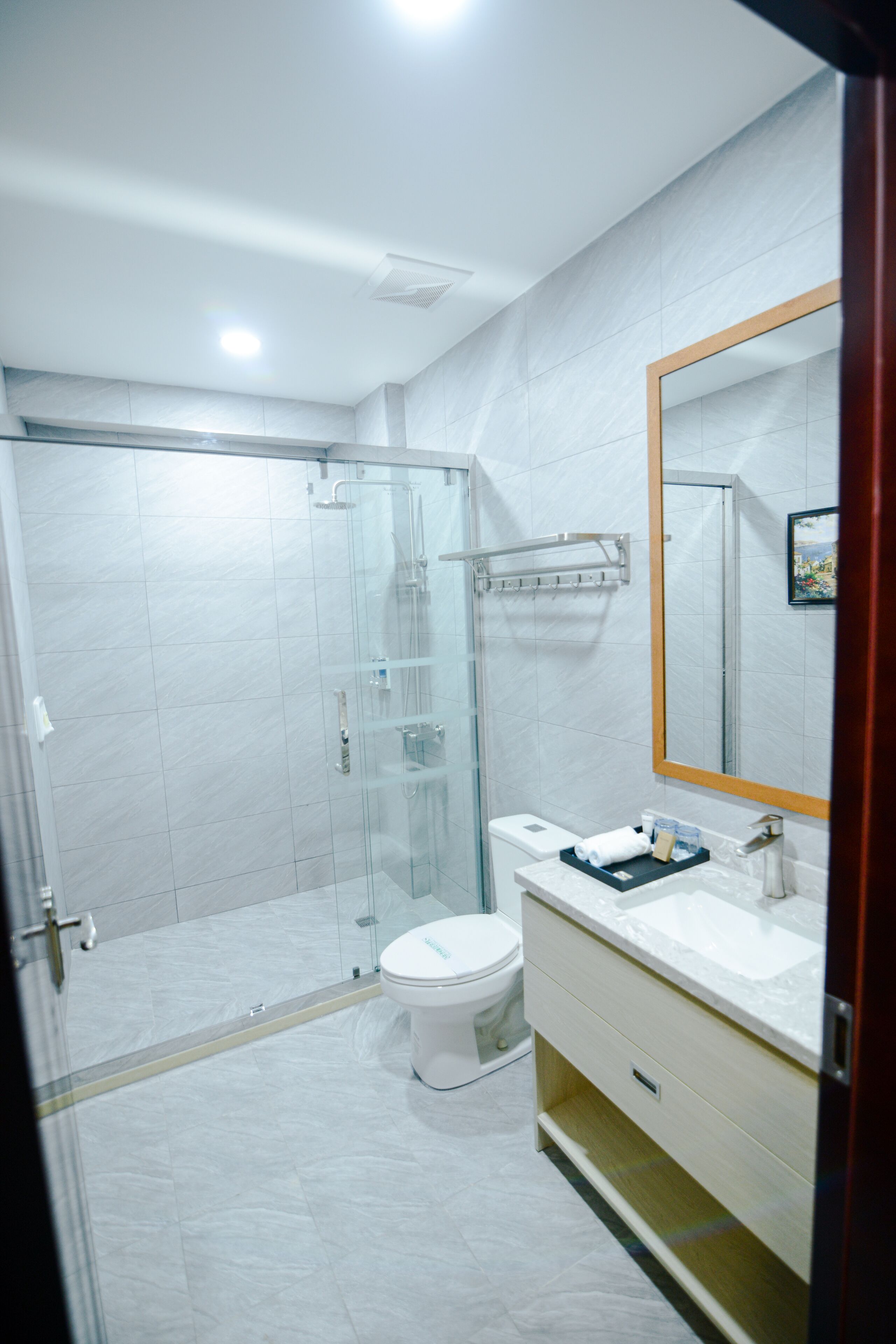 Un bagno moderno con doccia vetrata, un water bianco e un mobile lavabo con specchio.