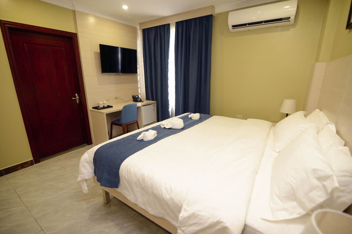 A hotel room with a bed, a desk, a chair, a TV, and a door.