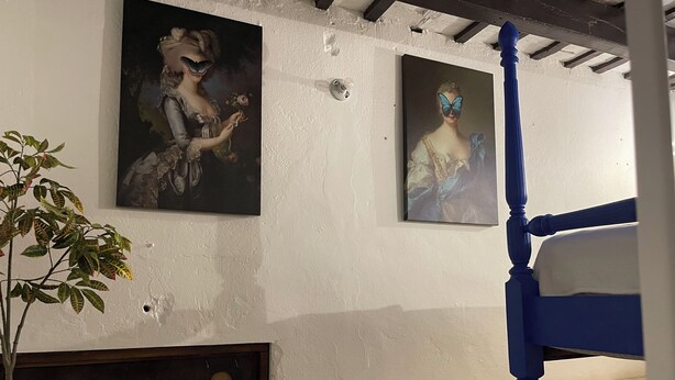 Une pièce avec un lit, deux tableaux accrochés au mur, une plante en pot et un tapis à motifs.
