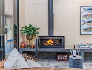 Ein gemütlicher Wohnbereich mit Kaminofen, Blumentopf und Bücherregal mit Büchern und Weingläsern.