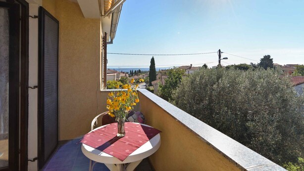 A balcony with a table and a vase of yellow flowers, overlooking a residential area with houses and trees. - Holiday home with terrace and barbecue (Premantura)