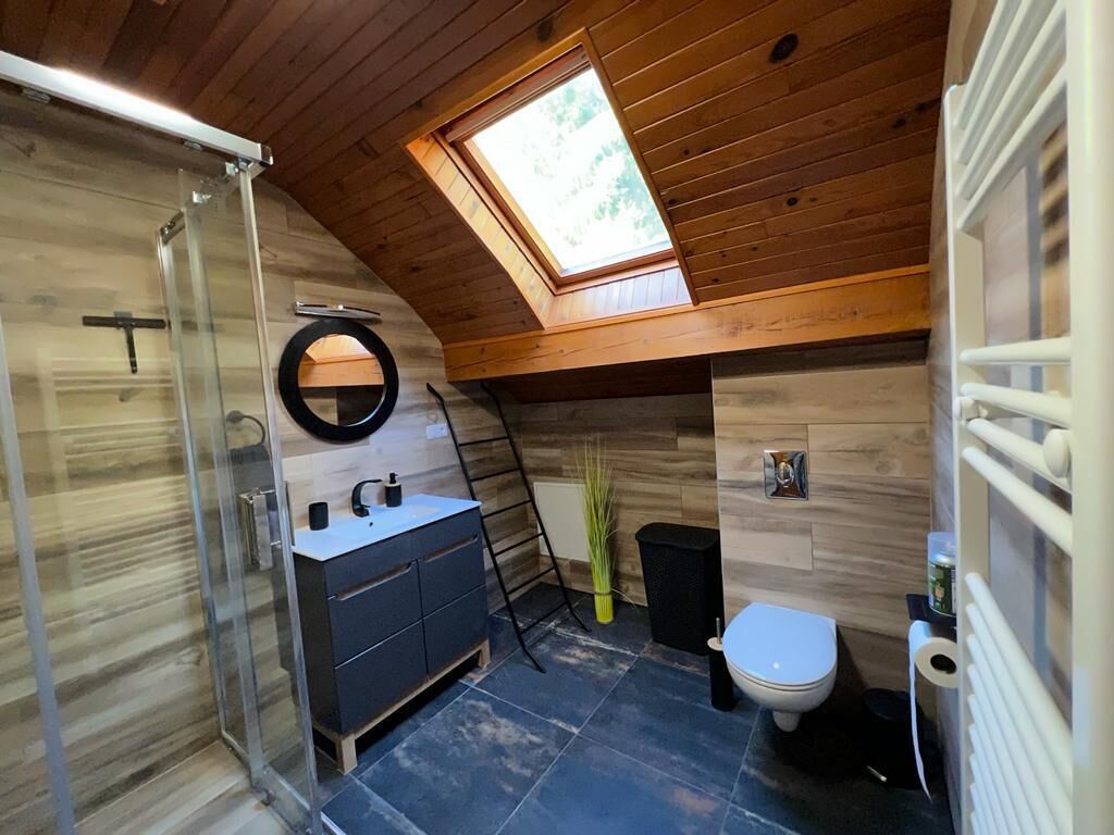 Une salle de bain compacte dotée d’un puits de lumière, de toilettes, d’un lavabo avec un miroir et d’un espace douche.