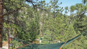A hammock tied between trees in a forested area with a view of a house in the background. - Duplex Cabin at The Woolly Bugger Inn (#15) (Estes Park)