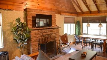 TV, fireplace, books