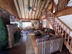 Télévision, cheminée, livres