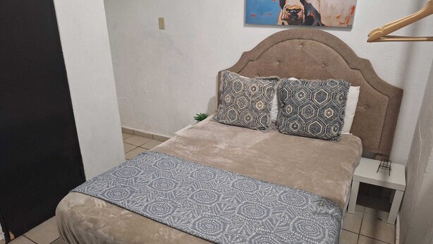 A bedroom with a bed, two patterned pillows, a grey throw blanket, a small bedside table, and a wall-mounted painting.