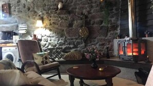 A cozy living room with a stone wall, a fireplace, a sofa, and a coffee table.