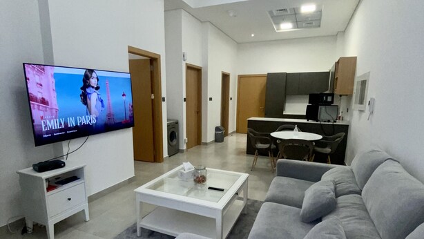 Een moderne woonkamer met een grijze bank, een salontafel en een televisie waarop 'EMILY IN PARIS' wordt vertoond.