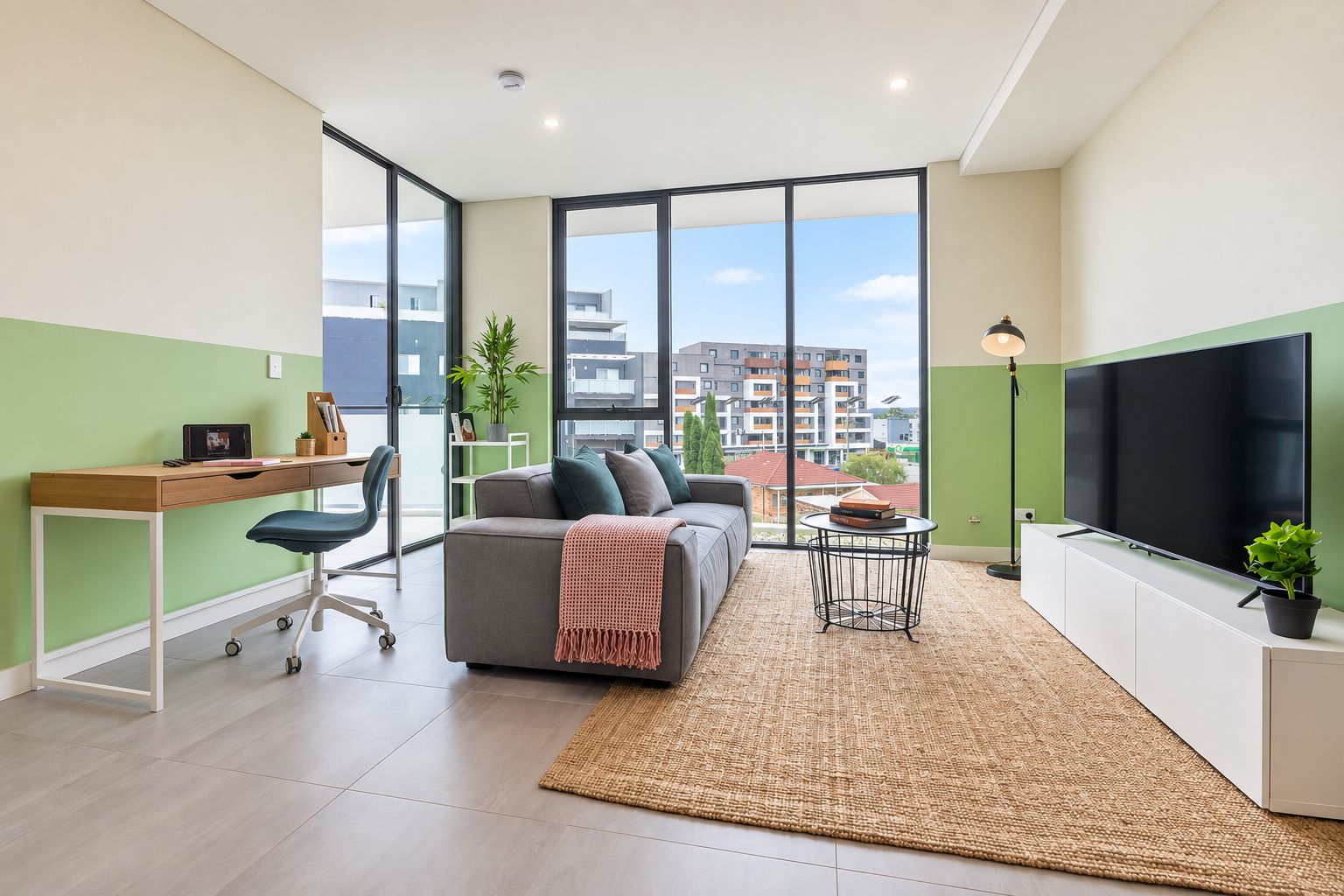 Una sala de estar moderna con sofá, escritorio, televisor y vistas de la ciudad.