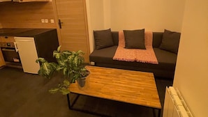 Un espace de vie compact comprenant un coin cuisine, un canapé avec un plaid et une table basse agrémentée d’une plante.