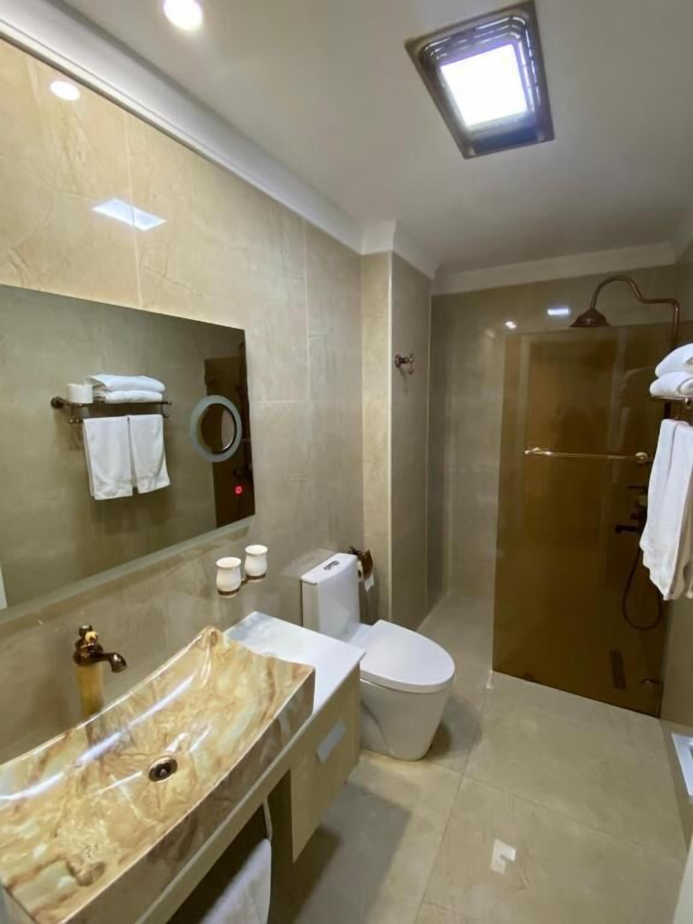 Une salle de bain moderne avec un lavabo en marbre, des toilettes, une douche et un grand miroir.