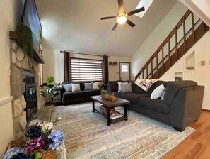 Smart TV, fireplace, table football, computer monitors