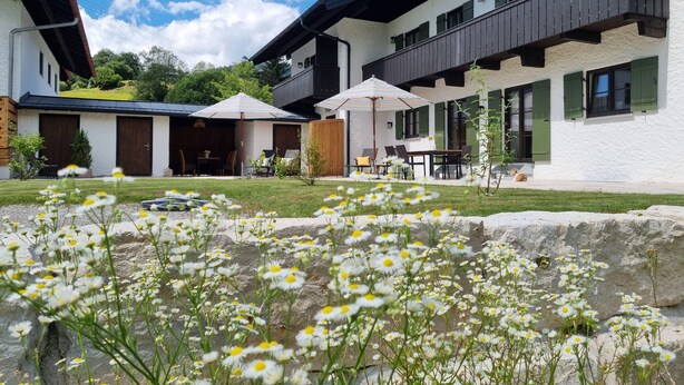 Ein modernes Gebäude mit überdachter Terrasse, Außenbestuhlung und einem Garten mit weißen Blüten.