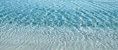 On the beach, sun-loungers