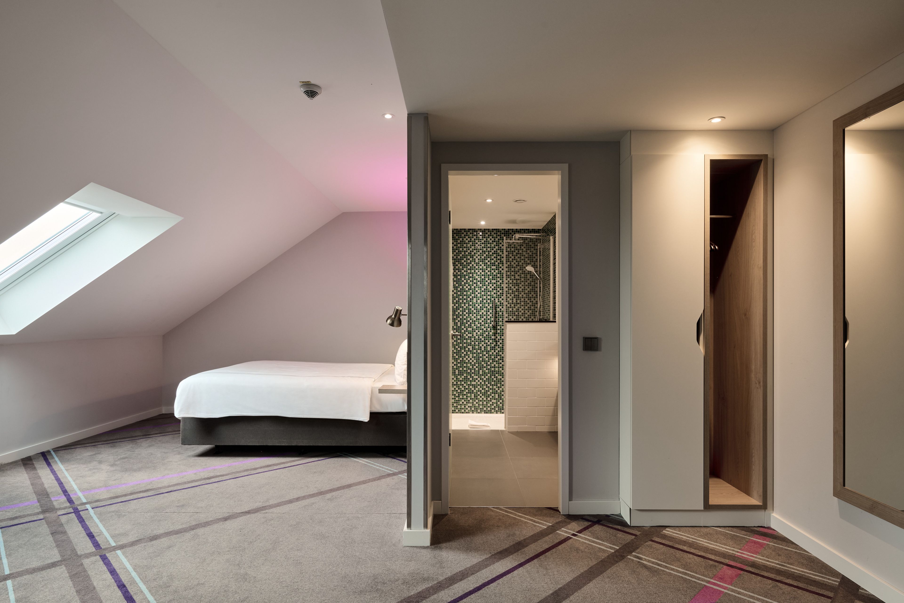 Un dormitorio con tragaluz, una cama y un baño con ducha.