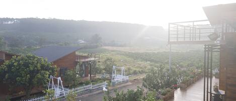 Vista de una zona residencial con una casa de madera, una cerca blanca y un jardín con diversas plantas.
