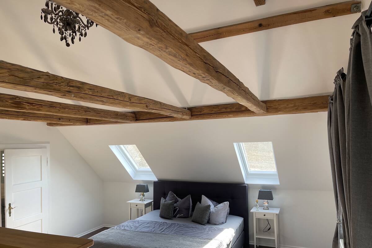 A bedroom with a sloped ceiling, wooden beams, a bed with pillows, two bedside tables with lamps, and skylights.