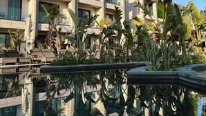 A modern hotel with multiple balconies, a pool area, and lush tropical plants.