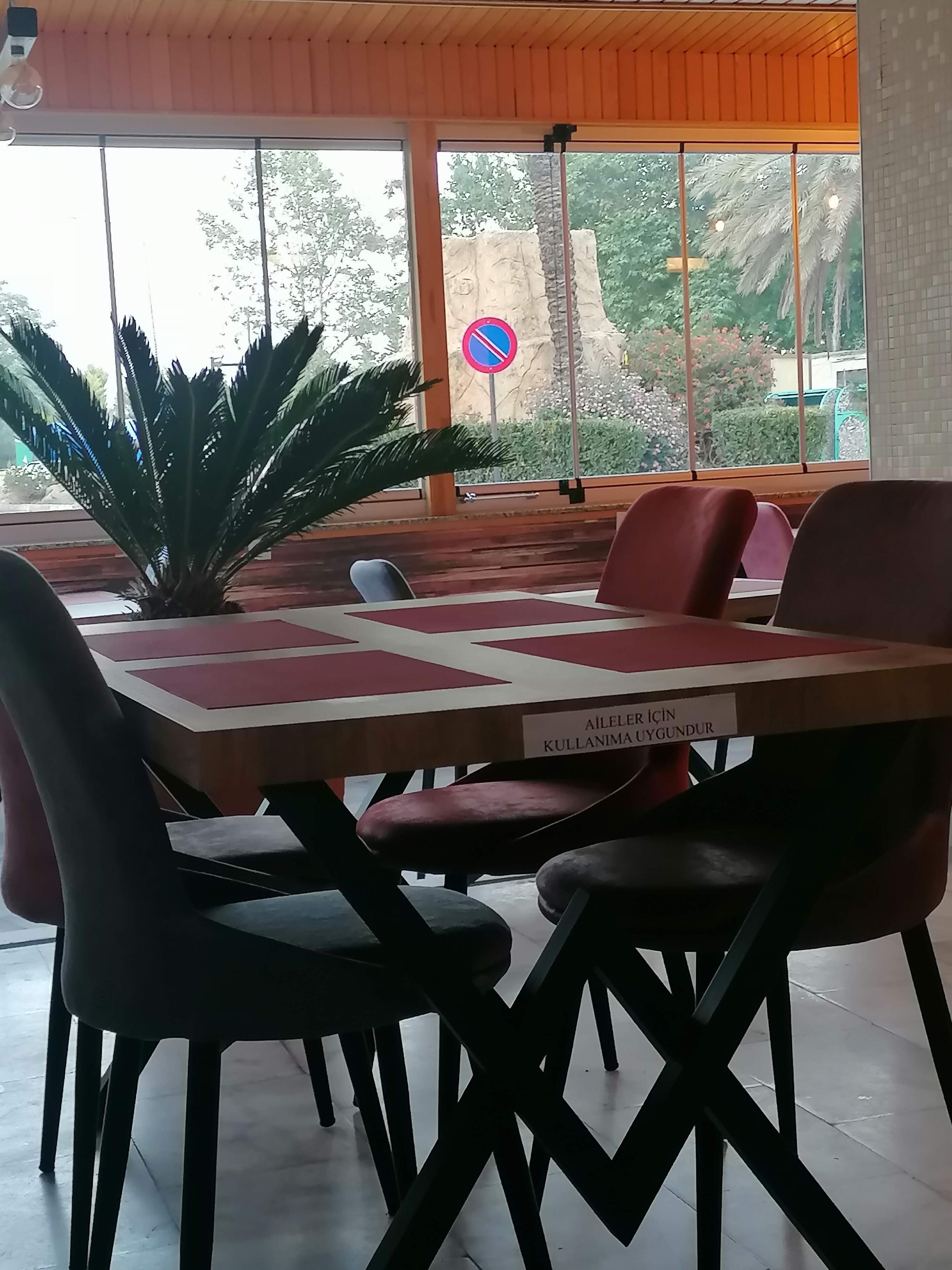 Un salón de conferencias con una gran mesa, varias sillas y una planta en maceta.