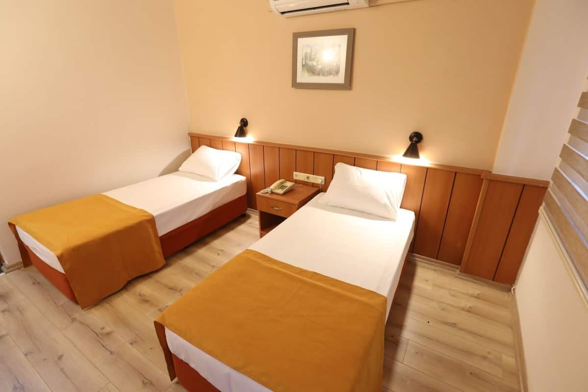 A hotel room with two single beds, wooden headboards, a bedside table with a lamp, and a framed picture on the wall.