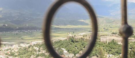 A view through a metal gate of a town with a castle, surrounded by greenery and fields.