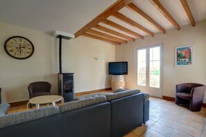 Télévision, cheminée, lecteur de DVD, livres