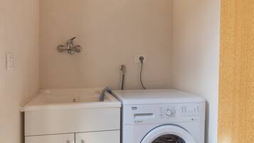 Un espace buanderie compact comprenant un lave-linge, un évier et un robinet.
