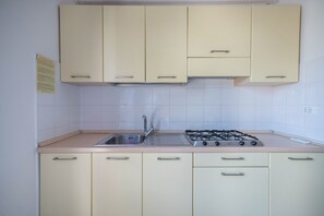 Jääkaappi, mikroaaltouuni, liesi, keittoastiat/astiat/ruokailuvälineet