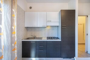 Fridge, microwave, stovetop, cookware/dishes/utensils