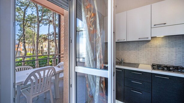 Une cuisine moderne avec des meubles blancs, une cuisinière à gaz et une vue sur les arbres et les bâtiments, visible à travers une porte vitrée.