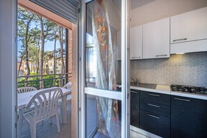 Une cuisine moderne avec des meubles blancs, une cuisinière à gaz et une vue sur les arbres et les bâtiments, visible à travers une porte vitrée.