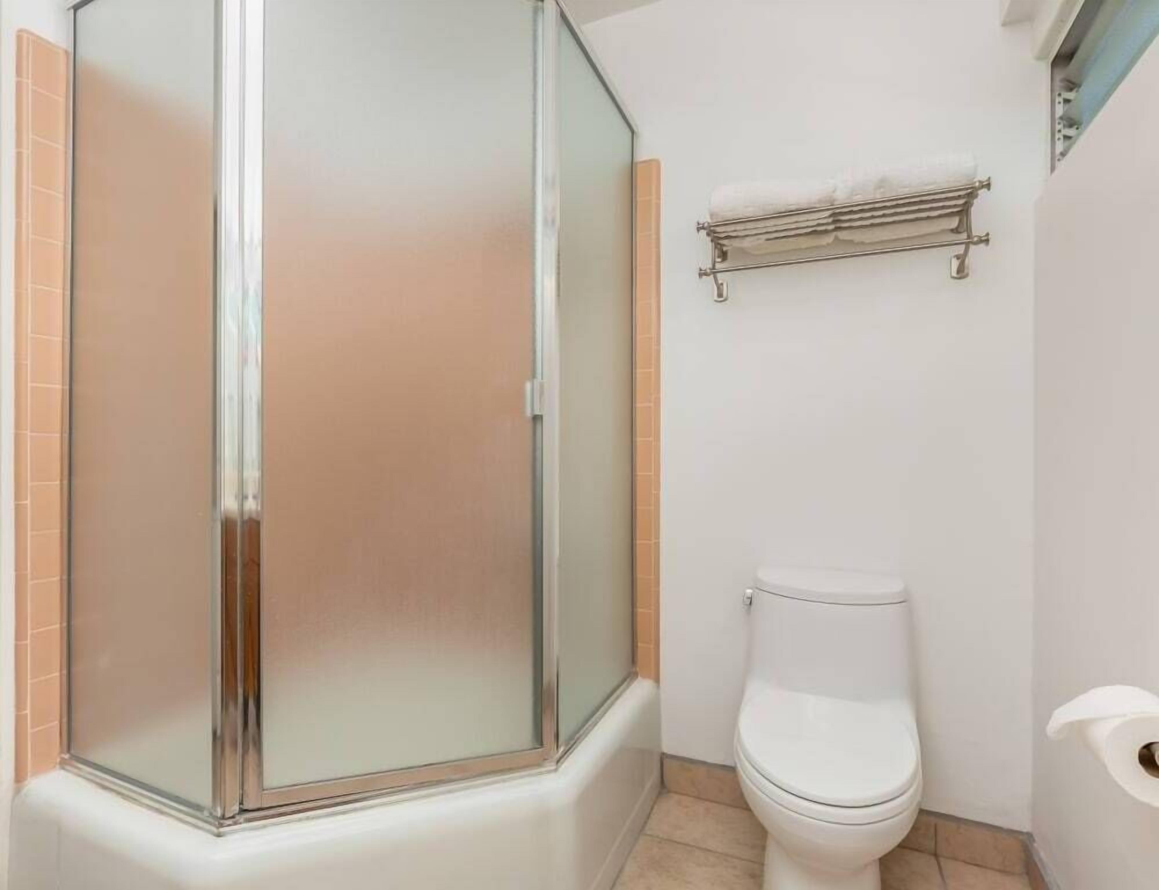 A bathroom with a glass-enclosed shower, a white toilet, and a towel rack on the wall.