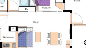 A hotel layout with a WC, ensuite bathroom, ensuite bedroom, balcony, sitting area, and kitchenette. - Cozy 4-Person Ski-in/Ski-out Apartment with Balcony, Free WiFi, and Garage in Val Cenis (Termignon)