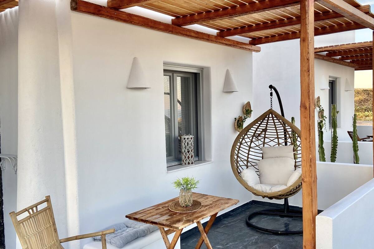 A covered outdoor seating area with a wooden table and chairs, a hanging chair, and a potted plant.