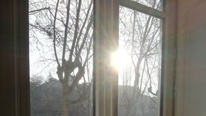 A window with a view of a river, trees, and a building across the water. - Spacious 120 m2, 4 bedrooms with garages and Saône view. (Lyon)