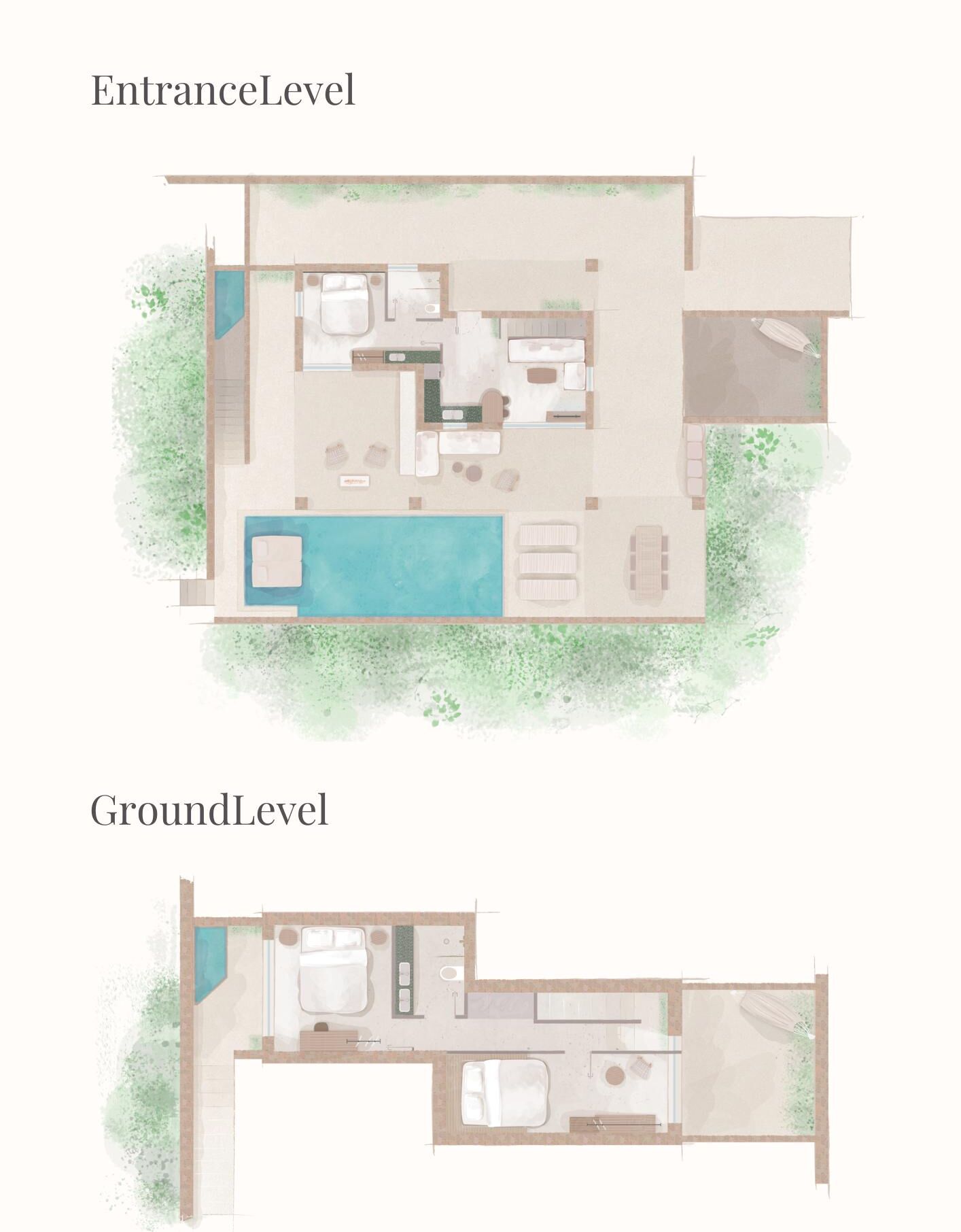 A two-level layout of a property with a swimming pool on the ground level and a bedroom on the entrance level.