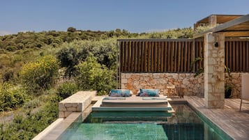 A pool with a stone wall and wooden slats, surrounded by lush vegetation and a view of a hillside.