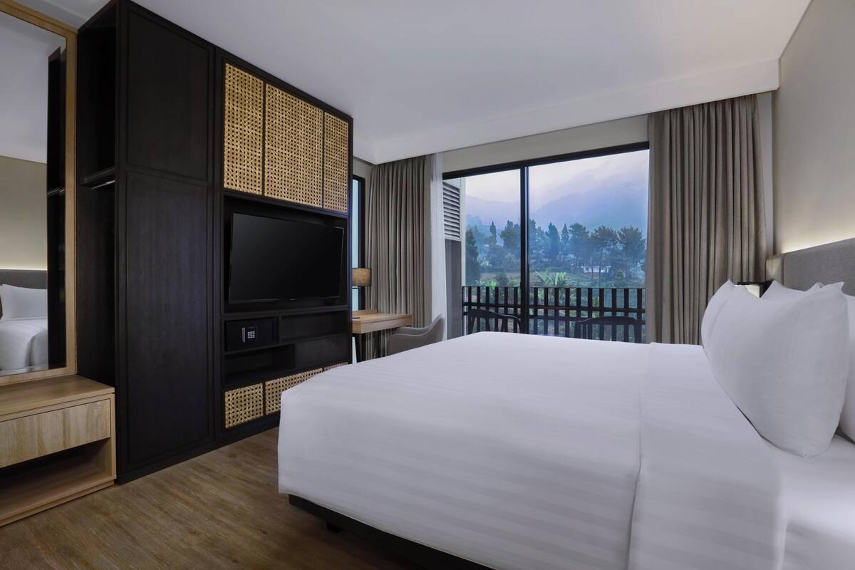 A hotel room with a large bed, a TV, a wooden nightstand, and a view of the outdoors.