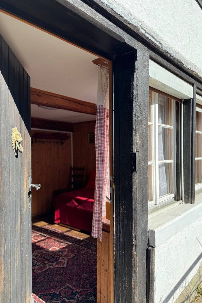 A wooden door leading into a room with a red carpet and a patterned rug.