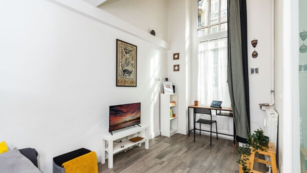 A modern living room with a flat-screen TV, a bookshelf, a small table with a laptop, and a window with curtains. - That's a Mole by Wonderful Italy (Torino)