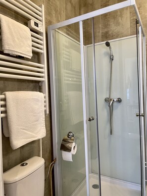 Shower, hair dryer, towels, soap