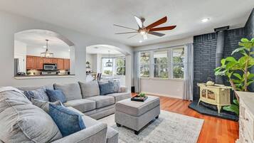 Smart TV, caminetto, libri