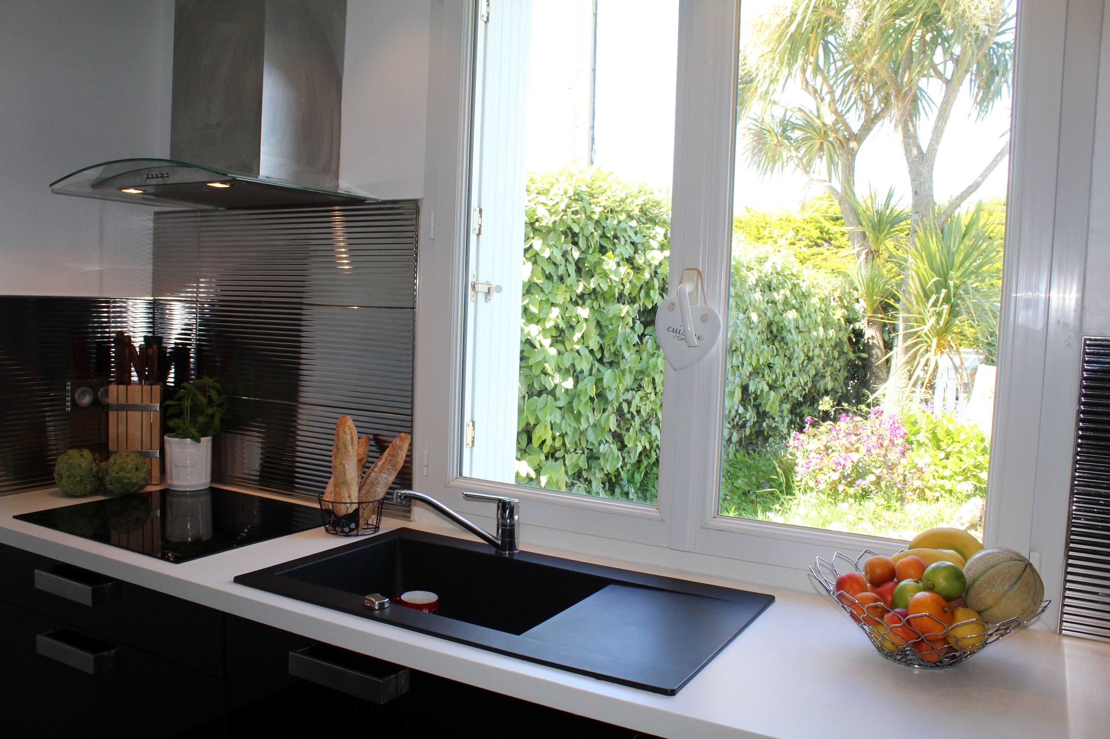 A modern kitchen with a black sink, stainless steel appliances, and a window with a view of greenery.
