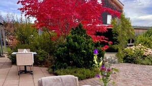 Une table de jardin, dressée avec différents plats et boissons, entourée d’une végétation luxuriante et d’un arbre aux feuilles rouges.