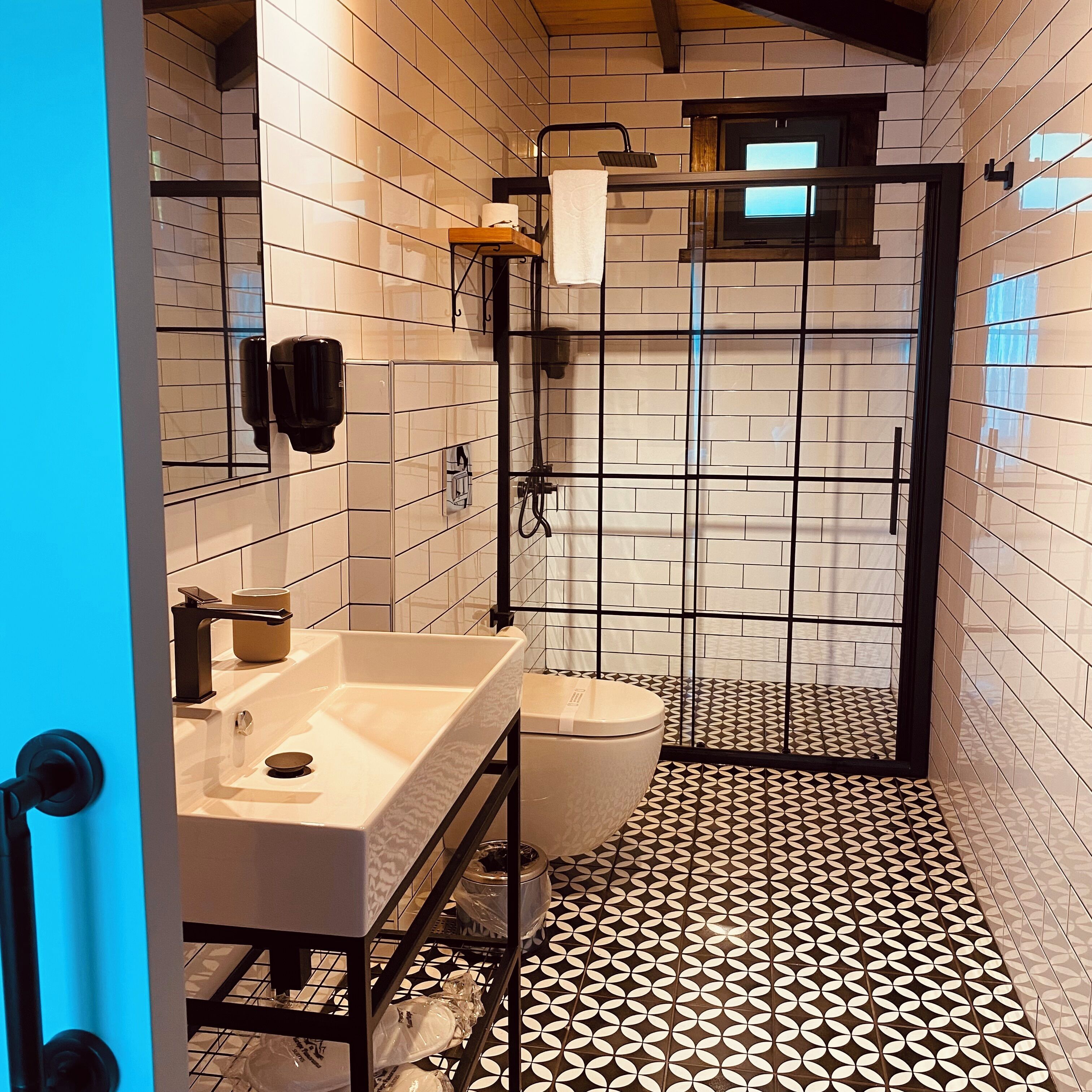 A bathroom with a white sink, a toilet, and a shower area.