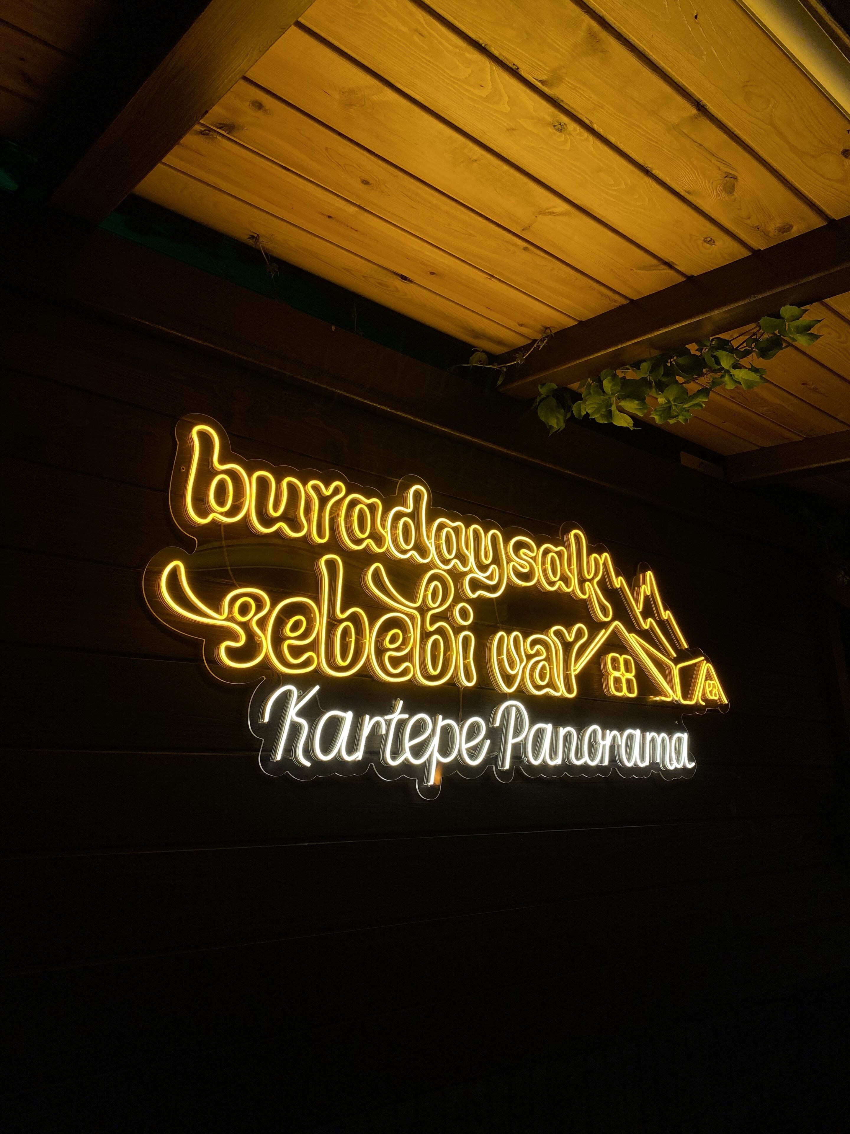 En neonskylt med texten ”buradaysal sebebi var Kartepe Panorama” i ett trätak.