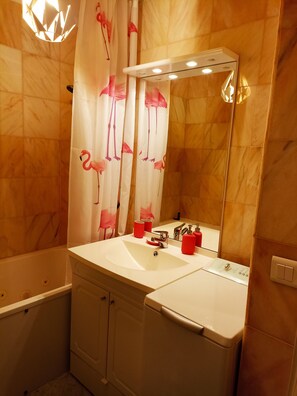 Jetted bath, hair dryer, soap, toilet paper - St Nectaire: Balneo apartment with large standing terrace (saint nectaire)