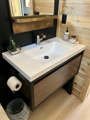 A modern bathroom with a white sink, dark wooden cabinet, and a mirror above the sink. - The Hemlock Tiny House (Logan)